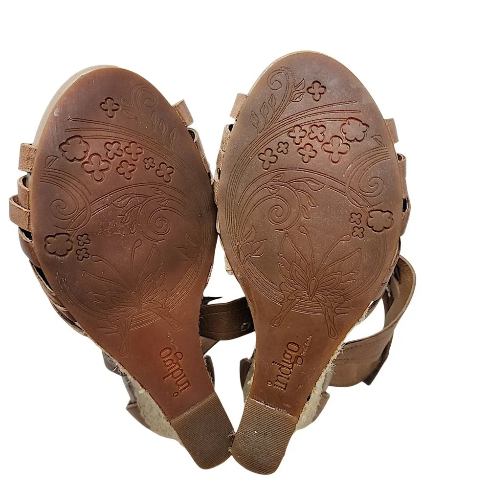 Indigo by Clarks Wedge Sandals 7.5M Wom Brown Leather Espadrille Boho Resortwear